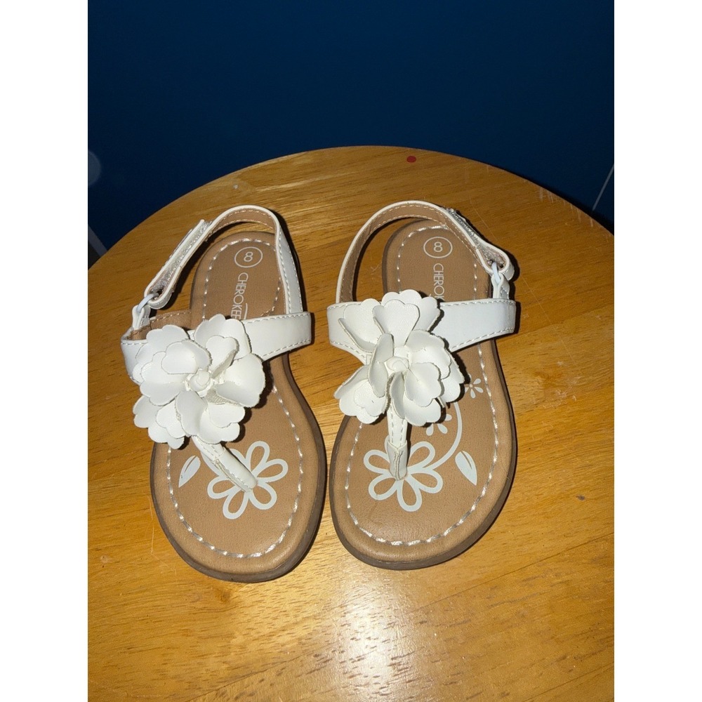 Cherokee Girls White Flower Sandals Size 8 Toddler Slingback Thong Flat‎ Shoes